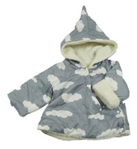 Sivá šušťáková zateplená bunda s obláčikmi  a kapucňou