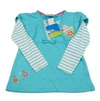 Nové - azurovo-bílé triko s květy a srdíčkem a pruhy Topolino