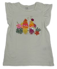 Biele melírované tričko s papoušky s flitrami a volánikmi C&A