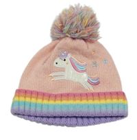 Růžovo-barevná melírovaná pletená čepice s jednorožcem a bambulí