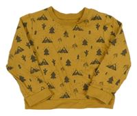 Okrová mikina se stromy a horami Tu