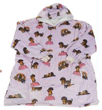 Světlefialová plyšová zateplená dlouhá oversize mikina s pejsky a kapsou a kapucí 