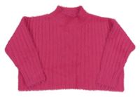 Tmavoružový rebrovaný oversize chlpatý sveter Next