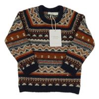 Nové - béžovo-hnedo-rezavo-tmavomodrý vzorovaný vlnený sveter Sfera