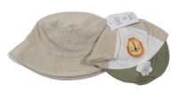 Nové - 2Set - Béžový froté klobúk s oušky + bílo/béžovo/khaki šiltovka so s levíkom  George