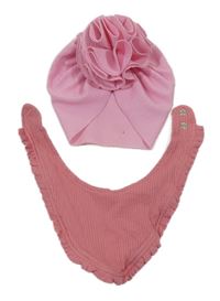 2Set - Růžová vzorovaná turbanová čepice s květem + skořicový žebrovaný šátek s volánkem tu