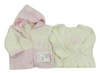 2x Krémovo-růžový sametový zateplený kojenecký kabátek s kapucí + Tričko s výšivkou