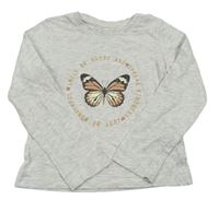 Svetlosivé tričko s nápismi a motýlom Primark