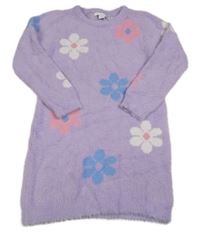 Lila chlpaté svetrové šaty s kvetmi Primark