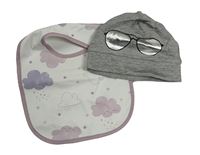 2set - Sivá melírovaná bavlnená čapica s brýlemi + biely podbradník s mraky