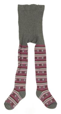 Šedo-růžovo-bílé pruhované thermo punčocháče se vzorem