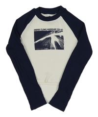 Smetanovo-tmavomodré rebrované crop tričko s mrakodrapy a nápisom H&M