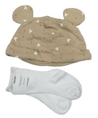 2 set - Béžová vzorovaná čepice s ušima + bílé ponožky 