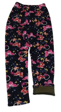 Tmavomodro-růžové plyšové legíny s motýlky 