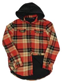 Červeno-béžovo-čierna kockovaná podšitá košeľová bunda s kapucňou Next