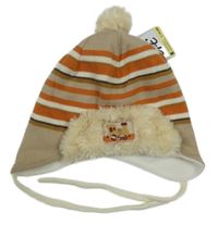 Nové - Béžovo-cihlová pruhovaná pletená podšitá čepice s vlakem 