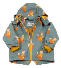 Khaki-oranžová šusťáková jarní bunda s liškami a kapucí 