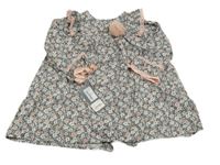 Nové - šedo-růžové květované šaty s bambulkou 