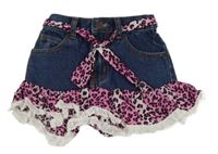 Nové - modrá rifľová sukňa s ružovymi volániky a opaskom