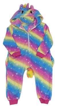 Kockovaným - Farebná plyšová kombinéza s hviezdami a kapucí - jednorožec