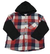 Červeno-bílo-tmavomodro-černá kostkovaná košile s kapucí 