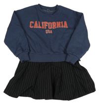 Tmavomodro-černé teplákové šaty s nápisem a pruhovanou sukní Kiabi 