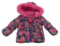 Fialovo-ružovo-horčicová kvetovaná šušťáková zimná bunda s kapucňou s kožešinou London Fog