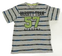 Sivo-zeleno-modré pruhované tričko s číslom Yigga