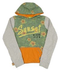 Zeleno-sivo-oranžová kvetovaná mikina s nápismi a kapucňou