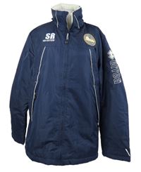 Pánska tmavomodrá šušťáková zimná futbalová bunda s nápismi Errea