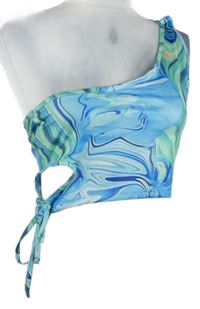 Dámsky modro-zelený vzorovaný asymetrický crop top so zavazováním