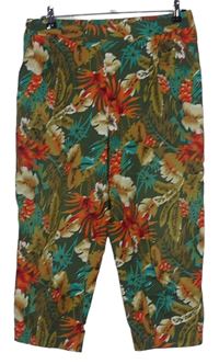 Dámske khaki kvetované plátenné capri nohavice