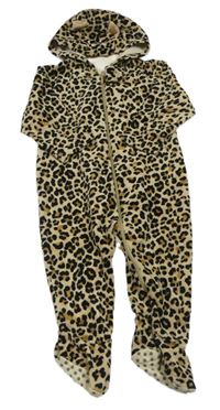 Béžový zamatový overal s leopardím vzorom a kapucňou Mothercare