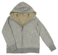 Šedá melírovaná zateplená propínací mikina s kapucí 