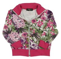 Bílo-růžová květinová propínací mikina