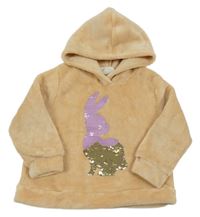 Oranžovo-hnedá chlpatá mikina s králikom a flitrami a kapucňou