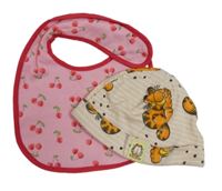 2set - Světlerůžová pruhovaná čepice s Garfieldem + bryndák s třešněmi 