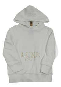 Biela mikina s lvem, nápisom a kapucňou