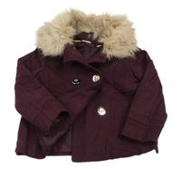 Vínový vlnený podšitý kabát s kožešinou