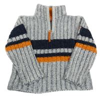 Sivo-tmavomodrý melírovaný žinylkový sveter s pruhmi a stojačikom