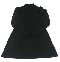 Černé žebrované šaty s rolákem a volánky a šifonovými rukávy s puntíky SHEIN