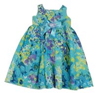 Modro-zeleno-fialové vzorované šaty s mašlí