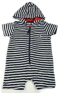 Tmavomodo-bílý pruhovaný froté kraťasový overal s plachetnicí a kapucí Next