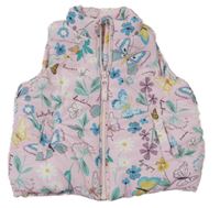 Svetloružová prešívaná šušťáková zateplená vesta s motýlikmi a kvietkami Mothercare