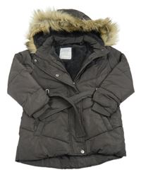 Sivý šušťákový zimný kabát s opaskom a kapucňou Primark