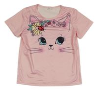 Světlerůžové tričko s kočkou Shein
