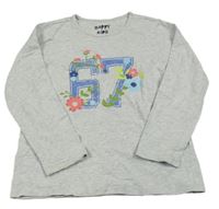 Sivé melírované tričko s číslom a kvietkami Tchibo