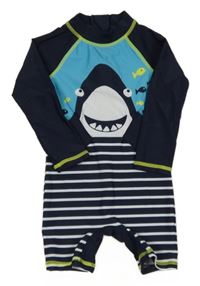 Tmavomodro-světlemodro-bílý pruhovaný UV overal se žralokem Topomini