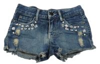 Modré riflové kraťasy s kamínky a prošoupáním Denim 