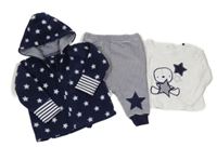 3set - Tmavomodrá fleecová hviezdičkovaná prepínaci mikina s kapucí + pruhované tepláky + biele tričko Rock a bye baby